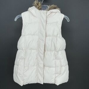 Old Navy Puffer Vest Womens Size Small White Hooded Faux Fur Trim Sleeveless